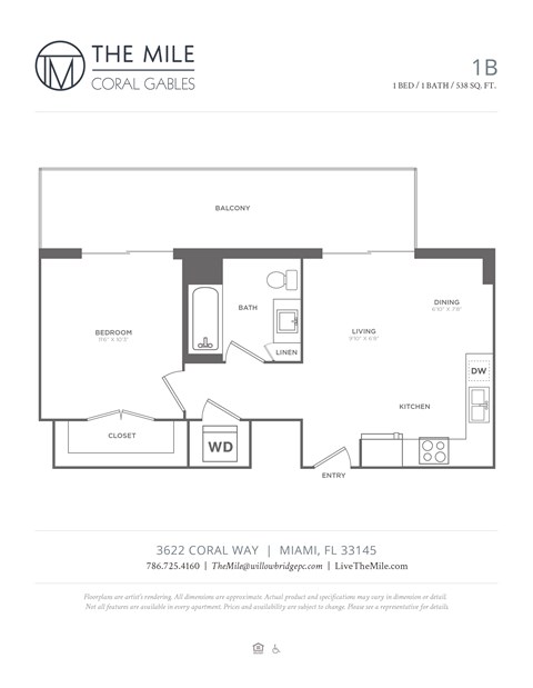 Floor plan for 1 bed, 1 bath, 538 sqft